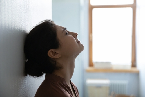 Difficult,Life,Moment.,Tired,Stressed,Indian,Woman,Sit,Leaning,Against